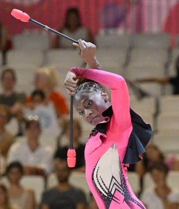 12.08.2026, xhbx, Rhythmische Sportgymnastik Weltmeisterschaft 2026, v.l. Emilia Ekandjo (Namibia) mit Keulen (DFL DFB REGULATIONS PROHIBIT ANY USE OF PHOTOGRAPHS as IMAGE SEQUENCES and or QUASI-VIDEO) Frankfurt am Main *** August 12, 2026, xhbx, 2026 Rhythmic Gymnastics World Championships, from left: Emilia Ekandjo of Namibia with clubs. DFL DFB REGULATIONS PROHIBIT ANY USE OF PHOTOGRAPHS as IMAGE SEQUENCES and or QUASI-VIDEO. Frankfurt am Main