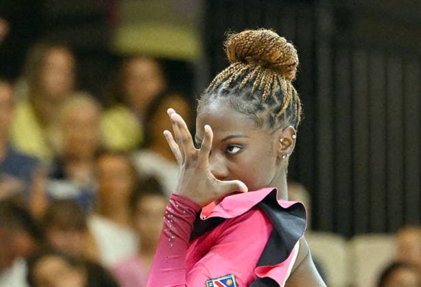 12.08.2026, xhbx, Rhythmische Sportgymnastik Weltmeisterschaft 2026, v.l. Emilia Ekandjo (Namibia) mit Keulen (DFL DFB REGULATIONS PROHIBIT ANY USE OF PHOTOGRAPHS as IMAGE SEQUENCES and or QUASI-VIDEO) Frankfurt am Main *** August 12, 2026, xhbx, 2026 Rhythmic Gymnastics World Championships, from left: Emilia Ekandjo of Namibia with clubs. DFL DFB REGULATIONS PROHIBIT ANY USE OF PHOTOGRAPHS as IMAGE SEQUENCES and or QUASI-VIDEO. Frankfurt am Main