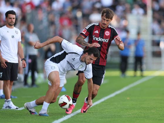 12.08.2026, Fussball Testspiel, FSV Frankfurt - Eintracht Frankfurt, v.l., Filip Pandza (FSV Frankfurt), Robin Koch (Eintracht Frankfurt) DFL DFB REGULATIONS PROHIBIT ANY USE OF PHOTOGRAPHS AS IMAGE SEQUENCES AND OR QUASI-VIDEO. xdcx *** August 12, 2026, Soccer friendly match, FSV Frankfurt vs. Eintracht Frankfurt, from left: Filip Pandza (FSV Frankfurt), Robin Koch (Eintracht Frankfurt). DFL and DFB regulations prohibit any use of photographs as image sequences and or quasi-video. xdcx Copyright: HMBxMedia Claus