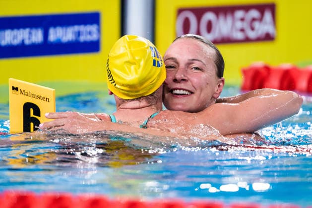 260812 Sara Junevik and Sarah Sjöström of Sweden hug each other after competing in women™s 50 meters butterfly swimming finalduring day 13 of the 2026 European Aquatics Championships on August 12, 2026 in Saint-Denis. Photo: Joel Marklund BILDBYRAN kod JM JM0840 bbeng simning swimming svomming 2026 european aquatics championships em dam Sverige Sweden jubel *** August 12, 2026: Sara Junevik and Sarah Sjöström of Sweden hug each other after competing in the women’s 50-meter butterfly swimming final during Day 13 of the 2026 European Aquatics Championships on August 12, 2026 in Saint Denis. Photo by Joel Marklund, BILDBYRAN, code JM JM0840 bbeng swimming 2026 European Aquatics Championships EM women Sweden celebration  Copyright: JOELxMARKLUND BB260812JM094