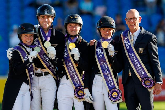 AACHEN - FEI World Championships 2026, AACHEN - FEI World Championships 2026 Team Germany HEMMER Katharina (GER), NETZ Raphael (GER), WANDRES Frederic (GER), WERTH Isabell (GER), ROESER Klaus (Chef dÂ Equipe) Medal ceremony Team FEI Dressage World Championship, WM, Weltmeisterschaft Grand Prix de Dressage Team Finale & Einzelqualifikation Lambertz-Preis Aachen, Reitstadion Soers 12. August 2026 - *** AACHEN FEI World Championships 2026, AACHEN FEI World Championships 2026 Team Germany: Katharina Hemmer (GER), Raphael Netz (GER), Frederic Wandres (GER), Isabell Werth (GER), Klaus Roeser, Chef d’Equipe; Medal ceremony; Team FEI Dressage World Championship; Grand Prix de Dressage; Team Final; Individual Qualifying Round; Lambertz Prize Aachen; Soers Equestrian Stadium; August 12, 2026
