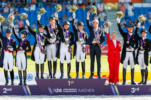 AACHEN - FEI World Championships 2026, AACHEN - FEI World Championships 2026 Team Germany HEMMER Katharina (GER), NETZ Raphael (GER), WANDRES Frederic (GER), WERTH Isabell (GER), ROESER Klaus (Chef dÂ Equipe) Medal ceremony Team FEI Dressage World Championship, WM, Weltmeisterschaft Grand Prix de Dressage Team Finale & Einzelqualifikation Lambertz-Preis Aachen, Reitstadion Soers 12. August 2026 - *** AACHEN FEI World Championships 2026, AACHEN FEI World Championships 2026 Team Germany: Katharina Hemmer (GER), Raphael Netz (GER), Frederic Wandres (GER), Isabell Werth (GER), Klaus Roeser, Chef d’Equipe; Medal ceremony; Team FEI Dressage World Championship; Grand Prix de Dressage; Team Final; Individual Qualifying Round; Lambertz Prize Aachen; Soers Equestrian Stadium; August 12, 2026