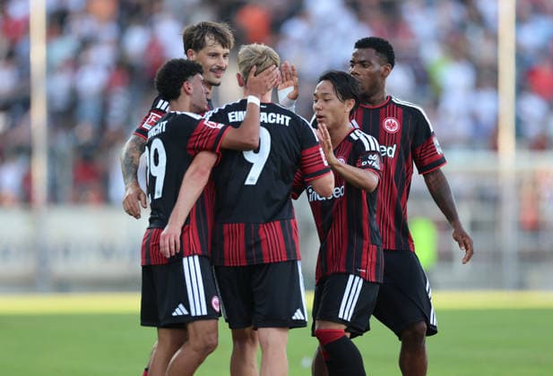 12.08.2026, Fussball Testspiel, FSV Frankfurt - Eintracht Frankfurt, v.l., Torjubel zum 0:3 durch Jonathan Burkardt (Eintracht Frankfurt), Ayoube Amaimouni-Echghouyab (Eintracht Frankfurt), Robin Koch (Eintracht Frankfurt), Keita Kosugi (Eintracht Frankfurt), Goal celebration, celebrate the goal DFL DFB REGULATIONS PROHIBIT ANY USE OF PHOTOGRAPHS AS IMAGE SEQUENCES AND OR QUASI-VIDEO. xdcx *** August 12, 2026, Soccer Friendly Match, FSV Frankfurt vs. Eintracht Frankfurt, from left: Goal celebration after the 0–3 goal by Jonathan Burkardt (Eintracht Frankfurt), Ayoube Amaimouni Echghouyab (Eintracht Frankfurt), Robin Koch (Eintracht Frankfurt), Keita Kosugi (Eintracht Frankfurt), Goal celebration, celebrating the goal. DFL and DFB regulations prohibit any use of photographs as image sequences and or quasi-video. xdcx Copyright: HMBxMedia Claus