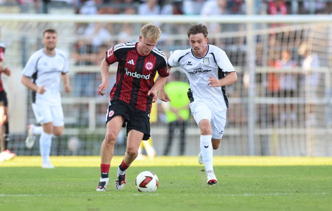 12.08.2026, Fussball Testspiel, FSV Frankfurt - Eintracht Frankfurt, v.l., Jonathan Burkardt (Eintracht Frankfurt), Amar Suljic (FSV Frankfurt) DFL DFB REGULATIONS PROHIBIT ANY USE OF PHOTOGRAPHS AS IMAGE SEQUENCES AND OR QUASI-VIDEO. xdcx *** August 12, 2026, Soccer friendly match, FSV Frankfurt vs. Eintracht Frankfurt, from left: Jonathan Burkardt (Eintracht Frankfurt), Amar Suljic (FSV Frankfurt). DFL and DFB regulations prohibit any use of photographs as image sequences and or quasi-video. xdcx Copyright: HMBxMedia Claus