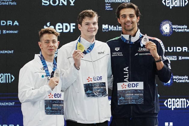 From left Apostolos Siskos (silver medal), Hubert Kos (gold medal) and Thomas Ceccon (bronze medal) on the podium after 200-meter backstroke at the Swimming European Aquatics Championships Paris 2026, Paris, August 12, 2026  Copyright: xx