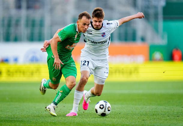 SOCCER - UEFA ECL, Rapid vs Paide VIENNA,AUSTRIA,12.AUG.26 - SOCCER - UEFA Conference League, qualification, SK Rapid Wien vs Paide Linnameeskond. Image shows Nikolaus Wurmbrand (Rapid) and Ramon Smirnov (Paide).  GEPAxpictures xEdgarxEisner