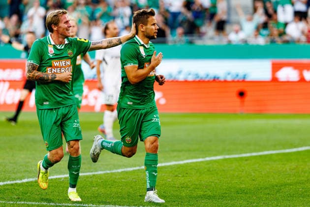 VIENNA, AUSTRIA - 12 AUGUST 2026: Image shows Adamsen Tonni (Rapid, 8) and Schaub Louis (Rapid, 21) celebrating the second goal for SK Rapid Wien during UEFA Conference League 2026 27 Third Qualifying Round, Second Leg: SK Rapid Wien vs Paide Linnameeskond at Weststadion on 12 08 2026 in Vienna, Austria. Austria Copyright: xFröhlichxPascalx