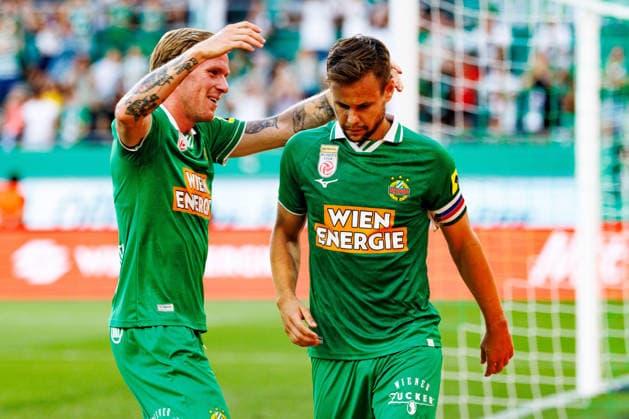 VIENNA, AUSTRIA - 12 AUGUST 2026: Image shows Adamsen Tonni (Rapid, 8) and Schaub Louis (Rapid, 21) celebrating the second goal for SK Rapid Wien during UEFA Conference League 2026 27 Third Qualifying Round, Second Leg: SK Rapid Wien vs Paide Linnameeskond at Weststadion on 12 08 2026 in Vienna, Austria. Austria Copyright: xFröhlichxPascalx