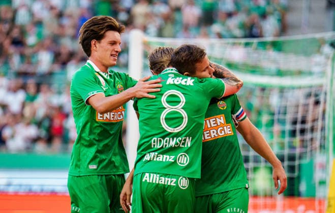 SOCCER - UEFA ECL, Rapid vs Paide VIENNA,AUSTRIA,12.AUG.26 - SOCCER - UEFA Conference League, qualification, SK Rapid Wien vs Paide Linnameeskond. Image shows the rejoicing of Rapid.  GEPAxpictures xEdgarxEisner