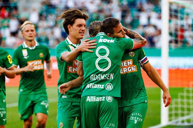 VIENNA, AUSTRIA - 12 AUGUST 2026: Image shows Adamsen Tonni (Rapid, 8) and Schaub Louis (Rapid, 21), Bajlicz Nico (Rapid, 30) celebrating the second goal for SK Rapid Wien during UEFA Conference League 2026 27 Third Qualifying Round, Second Leg: SK Rapid Wien vs Paide Linnameeskond at Weststadion on 12 08 2026 in Vienna, Austria. Austria Copyright: xFröhlichxPascalx