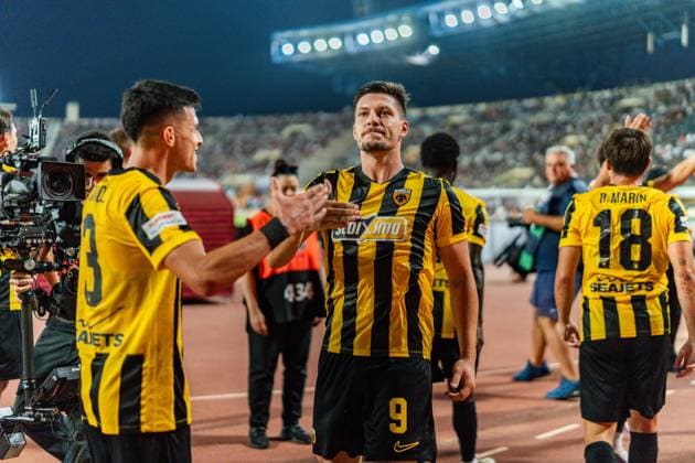 Superbet Supercup Greece, AEK Athen vs. OFI Kreta am 12.08.2026 im Pankritio Stadion in Heraklion Luka Jovic Tor zum 1:0 *** Superbet Super Cup Greece, AEK Athens vs. OFI Crete on August 12, 2026, at Pankritio Stadium in Heraklion; Luka Jovic scores the 1-0 goal Copyright: xBahhoxKarax