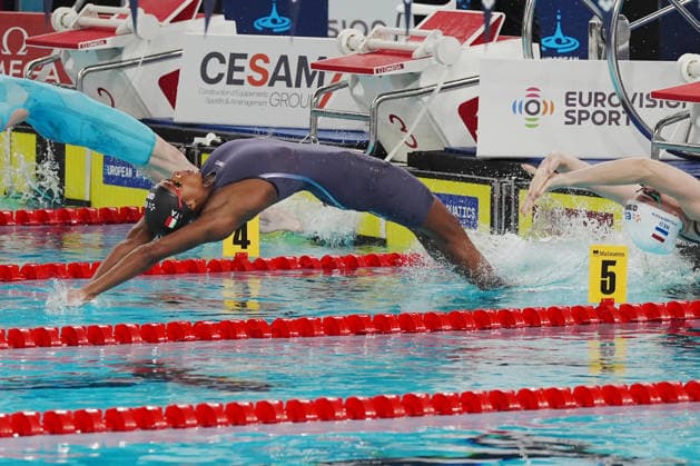 Sara Curtis woerld record on 50-meter backstroke the at the Swimming European Aquatics Championships Paris 2026, Paris, August 12, 2026  Copyright: xGianxMattiaxD Alberto LaPressex