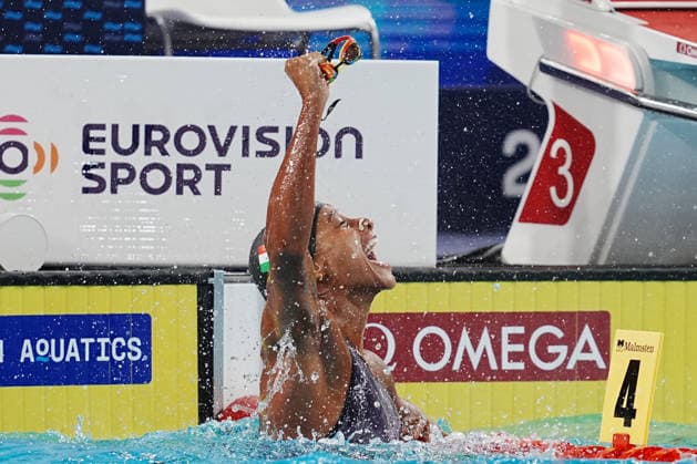 Sara Curtis world record on 50-meter backstroke the at the Swimming European Aquatics Championships Paris 2026, Paris, August 12, 2026  Copyright: xGianxMattiaxD Alberto LaPressex