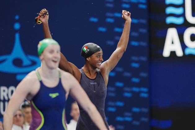 Sara Curtis world record on 50-meter backstroke the at the Swimming European Aquatics Championships Paris 2026, Paris, August 12, 2026  Copyright: xGianxMattiaxD Alberto LaPressex