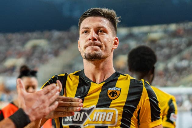 Superbet Supercup Greece, AEK Athen vs. OFI Kreta am 12.08.2026 im Pankritio Stadion in Heraklion Luka Jovic Tor zum 1:0 *** Superbet Super Cup Greece, AEK Athens vs. OFI Crete on August 12, 2026, at Pankritio Stadium in Heraklion; Luka Jovic scores the 1-0 goal Copyright: xBahhoxKarax