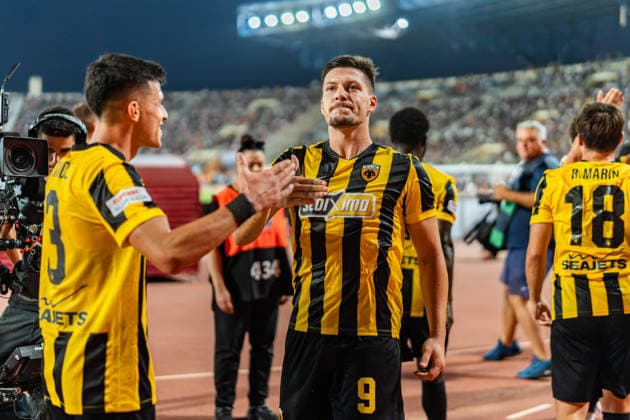 Superbet Supercup Greece, AEK Athen vs. OFI Kreta am 12.08.2026 im Pankritio Stadion in Heraklion Luka Jovic Tor zum 1:0 *** Superbet Super Cup Greece, AEK Athens vs. OFI Crete on August 12, 2026, at Pankritio Stadium in Heraklion; Luka Jovic scores the 1-0 goal Copyright: xBahhoxKarax