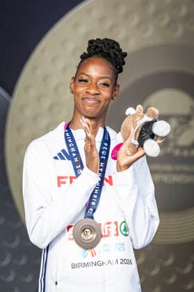 RECORD DATE NOT STATED 12th August 2026; Alexander Stadium, Birmingham, Midlands, England; 2026 European Athletics Championships, Day Three; Laeticia Bapte (FRA) on the podium after coming third in the womens 100m hurdles GodfreyxPitt