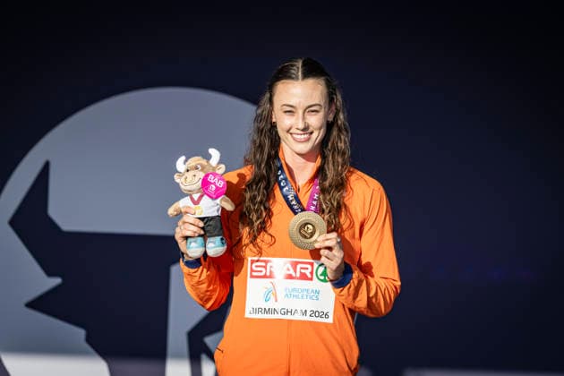 RECORD DATE NOT STATED 12th August 2026; Alexander Stadium, Birmingham, Midlands, England; 2026 European Athletics Championships, Day Three; Nadine Visser (NED) on the podium after winning the womens 100m hurdles GodfreyxPitt