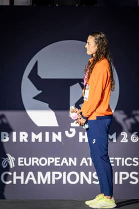 RECORD DATE NOT STATED 12th August 2026; Alexander Stadium, Birmingham, Midlands, England; 2026 European Athletics Championships, Day Three; Nadine Visser (NED) on the podium after winning the womens 100m hurdles GodfreyxPitt