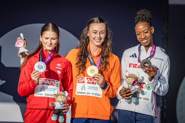 RECORD DATE NOT STATED 12th August 2026; Alexander Stadium, Birmingham, Midlands, England; 2026 European Athletics Championships, Day Three; Nadine Visser (NED) on the podium after winning the womens 100m hurdles with Pia Skrzyszowska (POL) in second and Laeticia Bapte (FRA) in third GodfreyxPitt