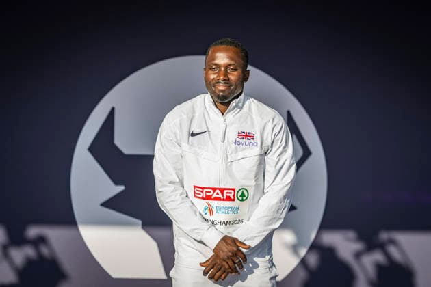RECORD DATE NOT STATED 12th August 2026; Alexander Stadium, Birmingham, Midlands, England; 2026 European Athletics Championships, Day Three; Romell Glave (GBR) on the podium after winning the mens 100m GodfreyxPitt