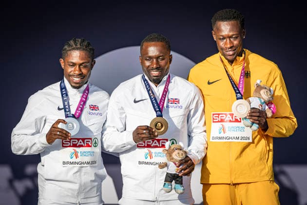 RECORD DATE NOT STATED 12th August 2026; Alexander Stadium, Birmingham, Midlands, England; 2026 European Athletics Championships, Day Three; Romell Glave (GBR) on the podium after winning the mens 100m with Jeremiah Azu (GBR) in second and Owen Ansah (GER) in third GodfreyxPitt