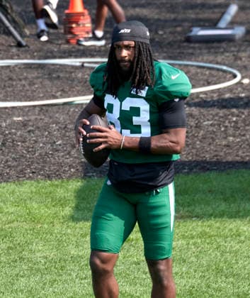 New York Jets wide receiver Omar Cooper Jr. (83) participate during a joint practice with the Tampa Bay Buccaneers during training camp at the Atlantic Health Jets Training Center, Florham Park, New Jersey. CSM Florham Park United States - ZUMAc04_ 20260812_zma_c04_024 Copyright: xDuncanxWilliamsx
