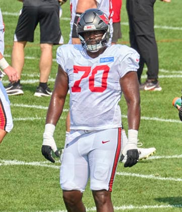 Tampa Bay Buccaneers tackle Ben Chukwuma (70) participate during a joint practice with the New York Jets during training camp at the Atlantic Health Jets Training Center, Florham Park, New Jersey. CSM Florham Park United States - ZUMAc04_ 20260812_zma_c04_027 Copyright: xDuncanxWilliamsx