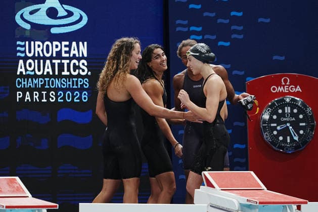 Sara Curtis, Emma Virginia Menicucci, Chiara Tarantino, Alessandra Mao (team Italy) silver medal on Women™s 4x100 free final at the Swimming European Aquatics Championships Paris 2026, Paris, August 12, 2026  Copyright: xGianxMattiaxD Alberto LaPressex