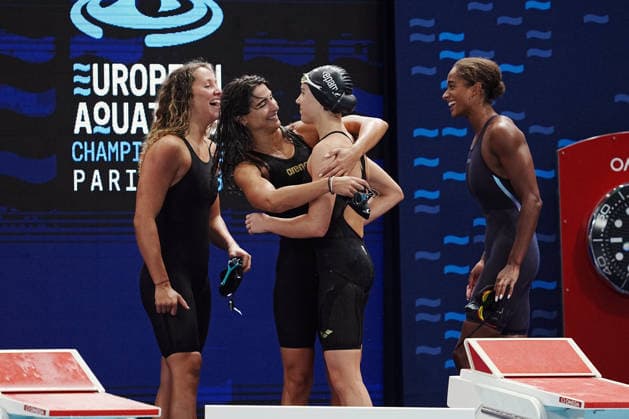 Sara Curtis, Emma Virginia Menicucci, Chiara Tarantino, Alessandra Mao (team Italy) silver medal on Women™s 4x100 free final at the Swimming European Aquatics Championships Paris 2026, Paris, August 12, 2026  Copyright: xGianxMattiaxD Alberto LaPressex