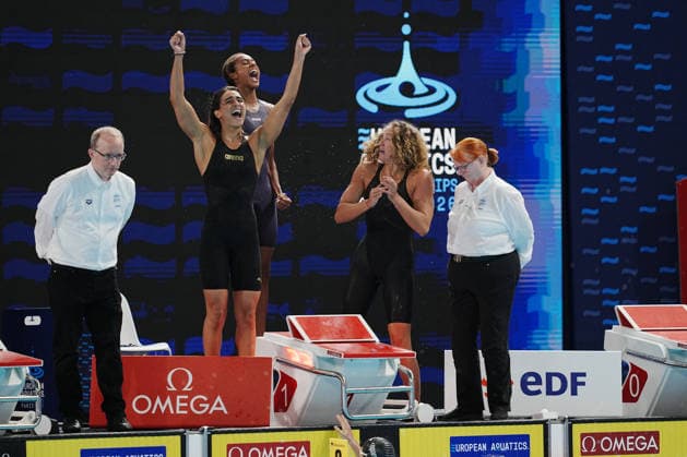 Sara Curtis, Emma Virginia Menicucci, Chiara Tarantino, Alessandra Mao (team Italy) silver medal on Women™s 4x100 free final at the Swimming European Aquatics Championships Paris 2026, Paris, August 12, 2026  Copyright: xGianxMattiaxD Alberto LaPressex