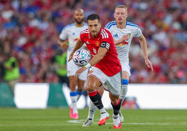 Football - 2026 2027 pre-season friendly - Manchester United, ManU vs. Leeds United - Croke Park, Dublin - Wednesday 12th August 2026 Manchester United s Diogo Dalot and Leeds United s Sean Longstaff 