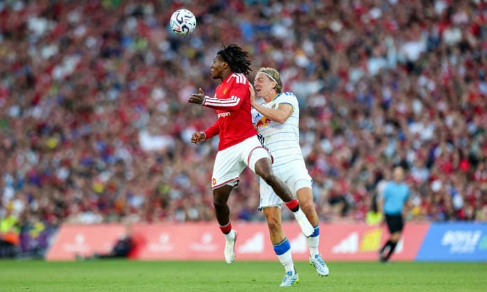 Manchester United, ManU vs Leeds United, Croke Park, Dublin 12 8 2026 Manchester United™s Patrick Dorgu with Sebastiaan Bornauw of Leeds Patrick Dorgu with Sebastiaan Bornauw 12 8 2026  Copyright: xx RB1_2234