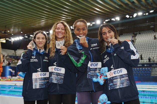 Sara Curtis, Emma Virginia Menicucci, Chiara Tarantino, Alessandra Mao (team Italy) silver medal on Women™s 4x100 free final at the Swimming European Aquatics Championships Paris 2026, Paris, August 12, 2026  Copyright: xGianxMattiaxD Alberto LaPressex
