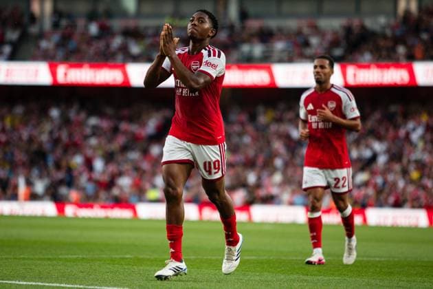 Myles Lewis-Skelly of Arsenal celebrates his goal during the Friendly match between Arsenal and Como Arsenal v Como, Preseason Friendly, Football, Emirates Stadium, London - 12 Aug 2026London Emirates Stadium United Kingdom  Copyright: xSeanxTroup Shutterstockx 17064767ac