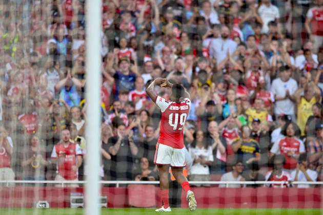 Myles Lewis-Skelly of Arsenal FC celebrates scoring the opening goal during the Pre-season Friendly match between Arsenal and Como at the Emirates Stadium, London, England on 12 August 2026. Copyright: xPhilxHutchinsonx 45340008
