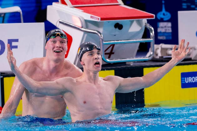 France, Paris, Centre Aquatique Olympique Metropole du Grand Paris, 12.08.2026, European Aquatics Championships, Day 13 - Final Session, Sven Schwarz, Waspo 98 Hannover and Johannes Liebmann, SC Magdeburg, Germany, Photo by Eibner Pressefoto Tino Henschel European Aquatics Championships, Day 13 - Final Session Paris *** France, Paris, Centre Aquatique Olympique Metropole du Grand Paris, August 12, 2026, European Aquatics Championships, Day 13 Final Session, Sven Schwarz, Waspo 98 Hannover and Johannes Liebmann, SC Magdeburg, Germany, Photo by Eibner Pressefoto Tino Henschel European Aquatics Championships, Day 13 Final Session, Paris Copyright: xEibnerxPressefotox