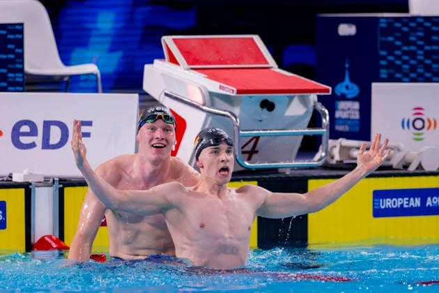 France, Paris, Centre Aquatique Olympique Metropole du Grand Paris, 12.08.2026, European Aquatics Championships, Day 13 - Final Session, Sven Schwarz, Waspo 98 Hannover and Johannes Liebmann, SC Magdeburg, Germany, Photo by Eibner Pressefoto Tino Henschel European Aquatics Championships, Day 13 - Final Session Paris *** France, Paris, Centre Aquatique Olympique Metropole du Grand Paris, August 12, 2026, European Aquatics Championships, Day 13 Final Session, Sven Schwarz, Waspo 98 Hannover and Johannes Liebmann, SC Magdeburg, Germany, Photo by Eibner Pressefoto Tino Henschel European Aquatics Championships, Day 13 Final Session, Paris Copyright: xEibnerxPressefotox