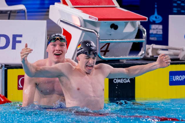 France, Paris, Centre Aquatique Olympique Metropole du Grand Paris, 12.08.2026, European Aquatics Championships, Day 13 - Final Session, Sven Schwarz, Waspo 98 Hannover and Johannes Liebmann, SC Magdeburg, Germany, Photo by Eibner Pressefoto Tino Henschel European Aquatics Championships, Day 13 - Final Session Paris *** France, Paris, Centre Aquatique Olympique Metropole du Grand Paris, August 12, 2026, European Aquatics Championships, Day 13 Final Session, Sven Schwarz, Waspo 98 Hannover and Johannes Liebmann, SC Magdeburg, Germany, Photo by Eibner Pressefoto Tino Henschel European Aquatics Championships, Day 13 Final Session, Paris Copyright: xEibnerxPressefotox