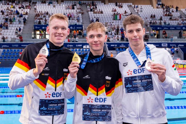 France, Paris, Centre Aquatique Olympique Metropole du Grand Paris, 12.08.2026, European Aquatics Championships, Day 13 - Final Session, Sven Schwarz, Waspo 98 Hannover, Johannes Liebmann, SC Magdeburg, Germany, Zalan Sarkany, Hungary, Photo by Eibner Pressefoto Tino Henschel European Aquatics Championships, Day 13 - Final Session Paris *** France, Paris, Centre Aquatique Olympique Metropole du Grand Paris, August 12, 2026, European Aquatics Championships, Day 13 Final Session, Sven Schwarz, Waspo 98 Hannover, Johannes Liebmann, SC Magdeburg, Germany, Zalan Sarkany, Hungary, Photo by Eibner Pressefoto Tino Henschel European Aquatics Championships, Day 13 Final Session, Paris Copyright: xEibnerxPressefotox