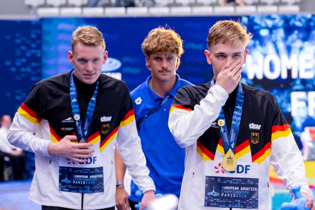 France, Paris, Centre Aquatique Olympique Metropole du Grand Paris, 12.08.2026, European Aquatics Championships, Day 13 - Final Session, Sven Schwarz, Waspo 98 Hannover and Johannes Liebmann, SC Magdeburg, Germany, Photo by Eibner Pressefoto Tino Henschel European Aquatics Championships, Day 13 - Final Session Paris *** France, Paris, Centre Aquatique Olympique Metropole du Grand Paris, August 12, 2026, European Aquatics Championships, Day 13 Final Session, Sven Schwarz, Waspo 98 Hannover and Johannes Liebmann, SC Magdeburg, Germany, Photo by Eibner Pressefoto Tino Henschel European Aquatics Championships, Day 13 Final Session, Paris Copyright: xEibnerxPressefotox