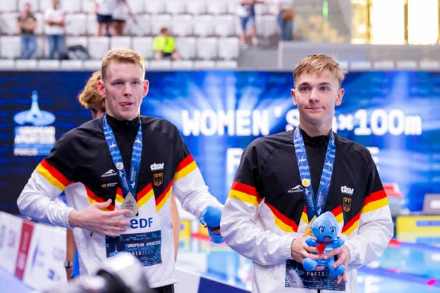 France, Paris, Centre Aquatique Olympique Metropole du Grand Paris, 12.08.2026, European Aquatics Championships, Day 13 - Final Session, Sven Schwarz, Waspo 98 Hannover and Johannes Liebmann, SC Magdeburg, Germany, Photo by Eibner Pressefoto Tino Henschel European Aquatics Championships, Day 13 - Final Session Paris *** France, Paris, Centre Aquatique Olympique Metropole du Grand Paris, August 12, 2026, European Aquatics Championships, Day 13 Final Session, Sven Schwarz, Waspo 98 Hannover and Johannes Liebmann, SC Magdeburg, Germany, Photo by Eibner Pressefoto Tino Henschel European Aquatics Championships, Day 13 Final Session, Paris Copyright: xEibnerxPressefotox