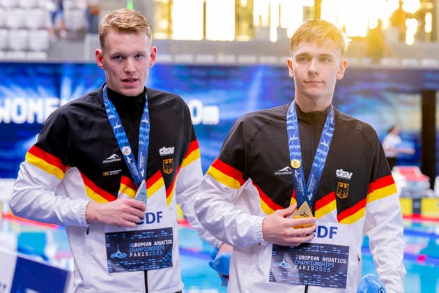 France, Paris, Centre Aquatique Olympique Metropole du Grand Paris, 12.08.2026, European Aquatics Championships, Day 13 - Final Session, Sven Schwarz, Waspo 98 Hannover and Johannes Liebmann, SC Magdeburg, Germany, Photo by Eibner Pressefoto Tino Henschel European Aquatics Championships, Day 13 - Final Session Paris *** France, Paris, Centre Aquatique Olympique Metropole du Grand Paris, August 12, 2026, European Aquatics Championships, Day 13 Final Session, Sven Schwarz, Waspo 98 Hannover and Johannes Liebmann, SC Magdeburg, Germany, Photo by Eibner Pressefoto Tino Henschel European Aquatics Championships, Day 13 Final Session, Paris Copyright: xEibnerxPressefotox