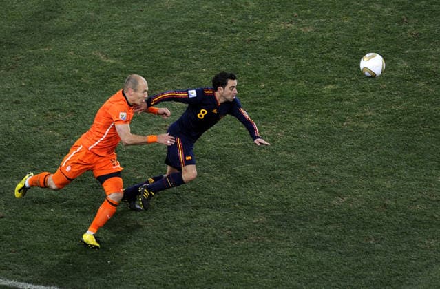 File image. 12th August 2026. Spaniard Xavi Hernandez announced as new Dutch national coach Johannesburg South Africa 11-7-2010: World Cup Final The Netherlands vs Spain. Arjen Robben and Xavi Hernandez hase the ball.