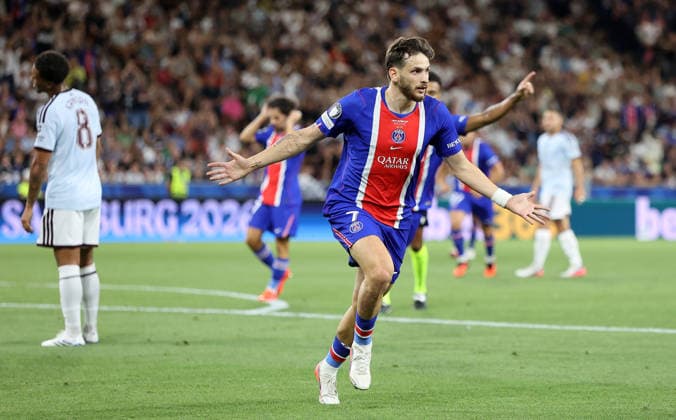 Kvaratskhelia Khvicha Torjubel 1-0 , PSG-Aston Villa , UEFA Super Cup Finale , , Fußball , in der Red Bull Arena Stadion in Salzburg , Österreich . August 12 , 2026 . Photo by: Davide Elias IPA Photo Pressefoto DENL Copyright: xDavidexEliasx