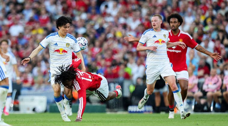 Manchester United, ManU vs Leeds United, Croke Park, Dublin 12 8 2026 Manchester United™s Patrick Dorgu with Ao Tanaka of Leeds Patrick Dorgu with Ao Tanaka 12 8 2026  Copyright: xx RB1_3409
