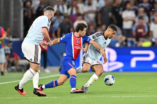 PSG v Aston Villa - UEFA Super Cup SALZBURG, AUSTRIA - AUGUST 12: Joao Neves (C) of PSG in action against Joao Gomes (R) of Aston Villa during the UEFA Super Cup football match between PSG and Aston Villa at Red Bull Arena (Stadion Salzburg) in Salzburg, Austria on August 12, 2026. Isa Terli Anadolu Salzburg Austria. Editorial use only. Please get in touch for any other usage.  Copyright: x2026xAnadoluxIsaxTerlix