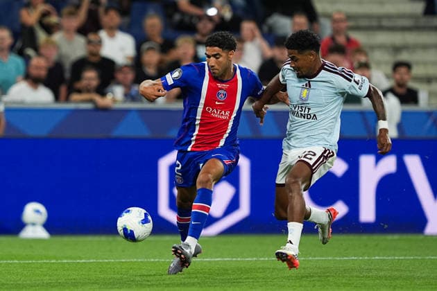 12.08.2026, xydrx, Fußball, UEFA Super Cup, Finale, Paris Saint-Germain - Aston Villa, Saison 2026 2027, Red Bull Arena: Desire Doue (Paris Saint-Germain, 14) im Zweikampf gegen Ian Maatsen (Aston Villa, 22) Regulations prohibit any use of photographs as image sequences and or quasi-video. *** August 12, 2026, xydrx, Soccer, UEFA Super Cup, Final, Paris Saint-Germain vs. Aston Villa, 2026–2027 season, Red Bull Arena, Desire Doue (Paris Saint-Germain), No. 14 in a tackle against Ian Maatsen (Aston Villa), No. 22. Regulations prohibit any use of photographs as image sequences and or quasi-video. Copyright: HMBxMedia YannisxDreimann