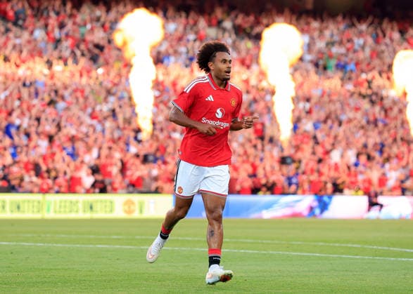 Dublin, Ireland, 12th August 2026. Joshua Zirkzee of Manchester United, ManU celebrates scoring their sides first goal during the Manchester United vs Leeds United Pre Season Friendly match at Croke Park, Dublin. Picture credit should read: Cody Froggatt Sportimage EDITORIAL USE ONLY. No use with unauthorised audio, video, data, fixture lists, club league logos or live services. Online in-match use limited to 120 images, no video emulation. No use in betting, games or single club league player publications. SPI_045_CF_MANCHESTER_UNITED_V_LEEDS SPI-4900-0041