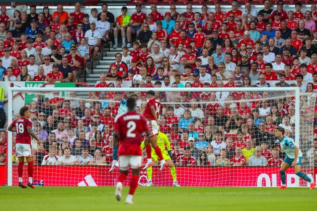 Nottingham Forest v Bayer Leverkusen, Pre-Season Friendly Dan Ndoye Of Nottingham Forest scores a GOAL 1-0 during the Nottingham Forest v Bayer Leverkusen Pre-Season Friendly match at the City Ground, West Bridgford, England on 12 August 2026 Credit: Lee Keuneke Every Second Media Editorial use only. All images are copyright Every Second Media Limited. No images may be reproduced without prior permission. Copyright: xIMAGO EveryxSecondxMediax ESM-2087-0016 LeexKeunekex xEveryxSecondxMediax